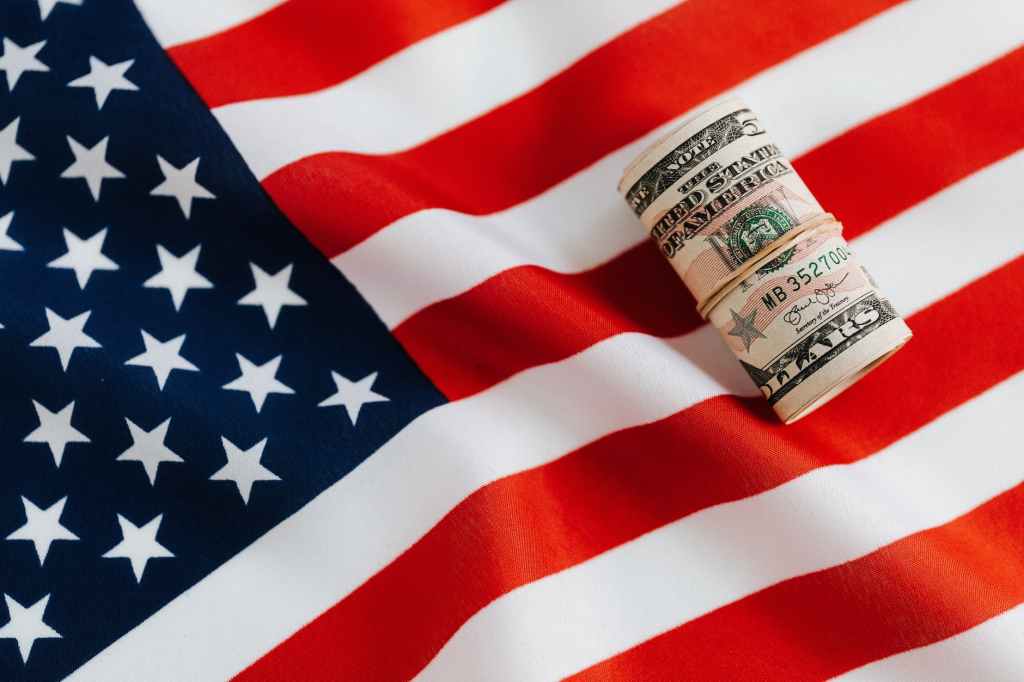 An image of american flag with rolled dollar bills